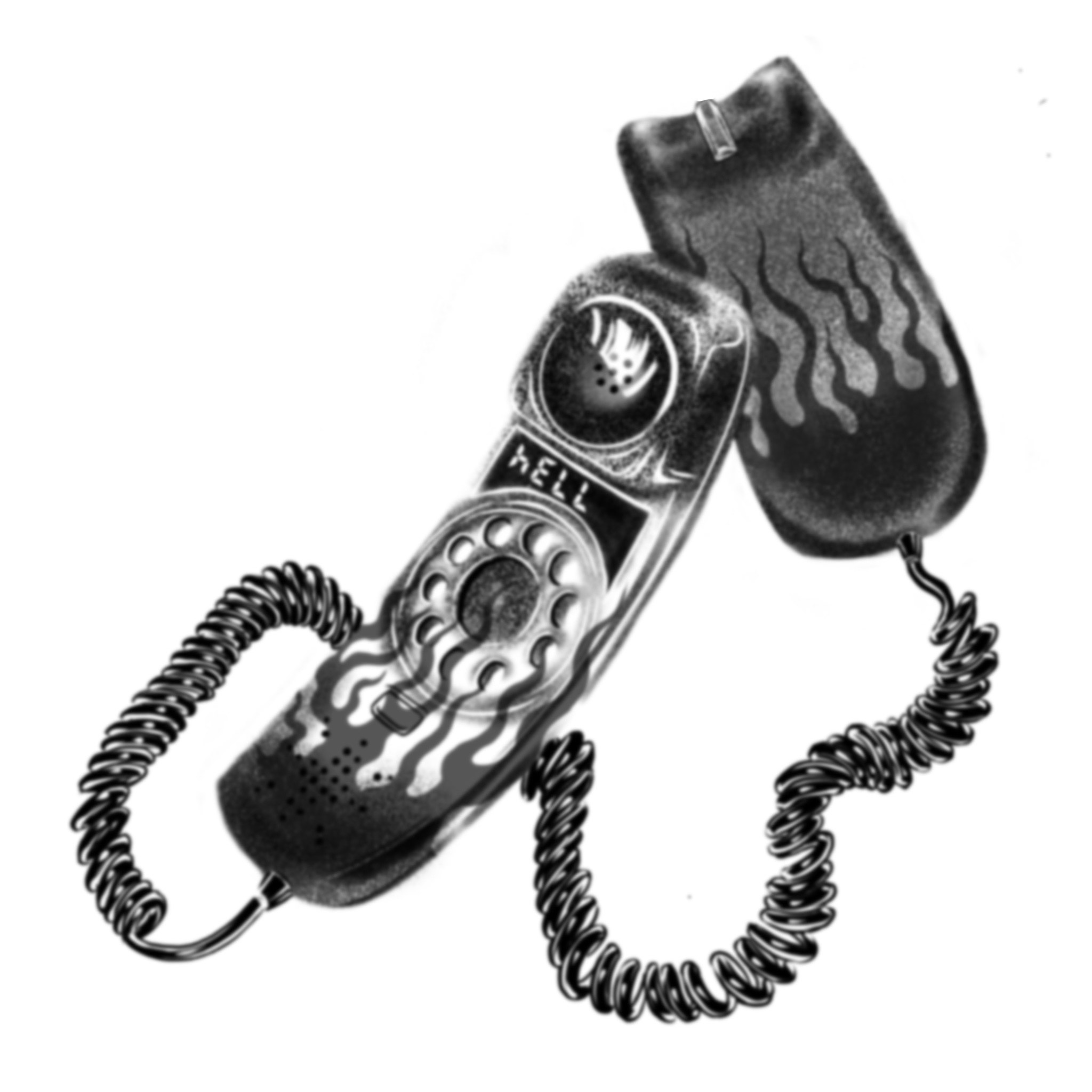 A rotary style phone with the word Hell on the display